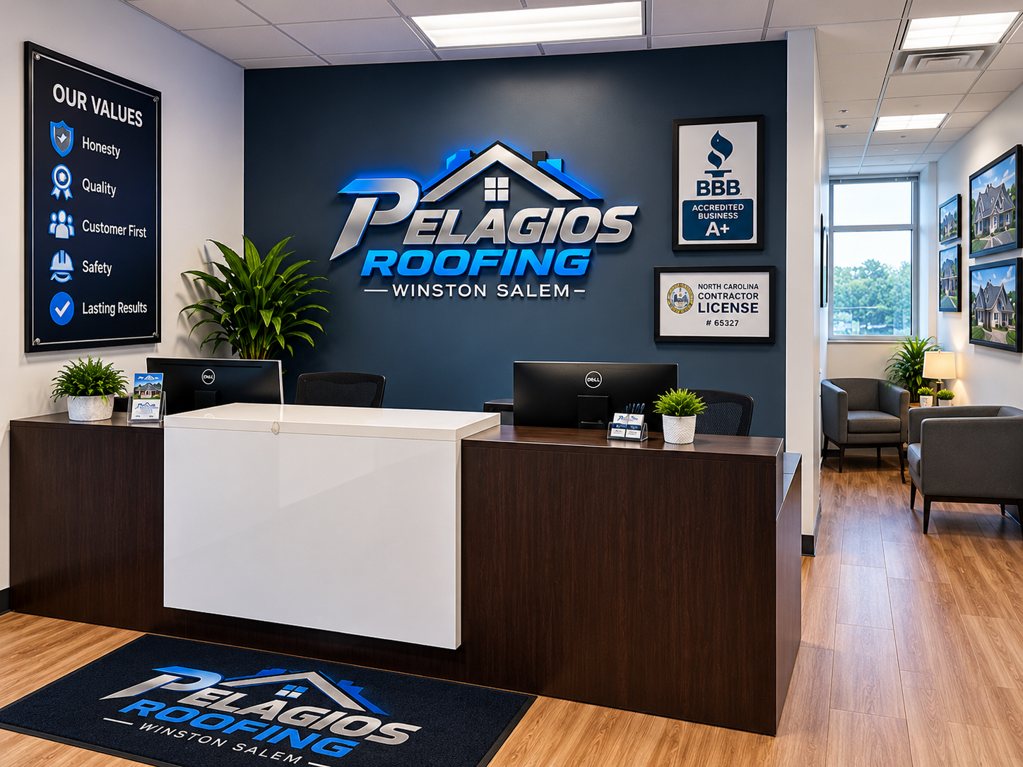 Pelagios Roofing in Winston Salem branded reception concept